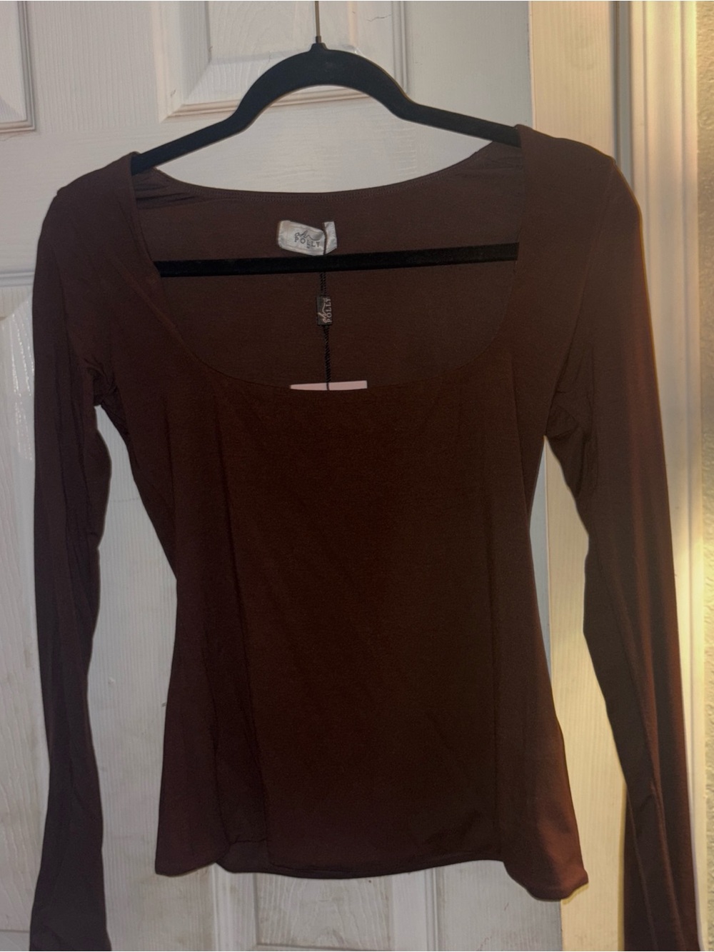 Oh Polly Brown Long-Sleeve Scoop Square Neck Women's Top